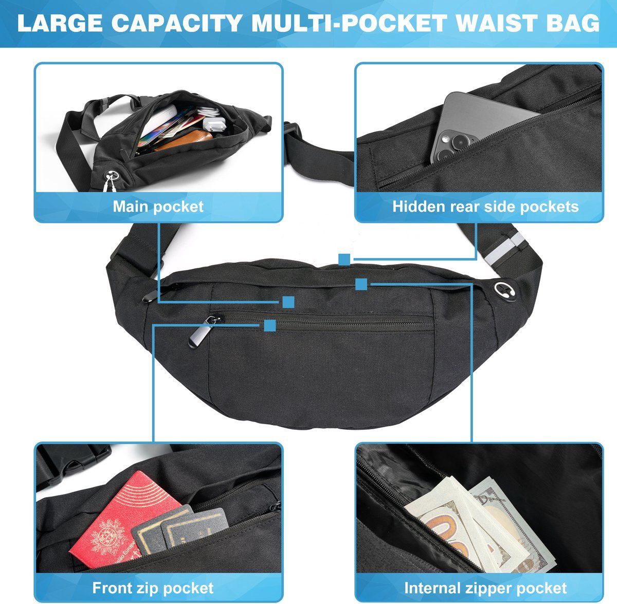Outdoor Sport Waist Bag, Multifunctional Leisure Travel Crossbody Chest Bag, Waterproof Fitness Running Phone Storage Bag, Black