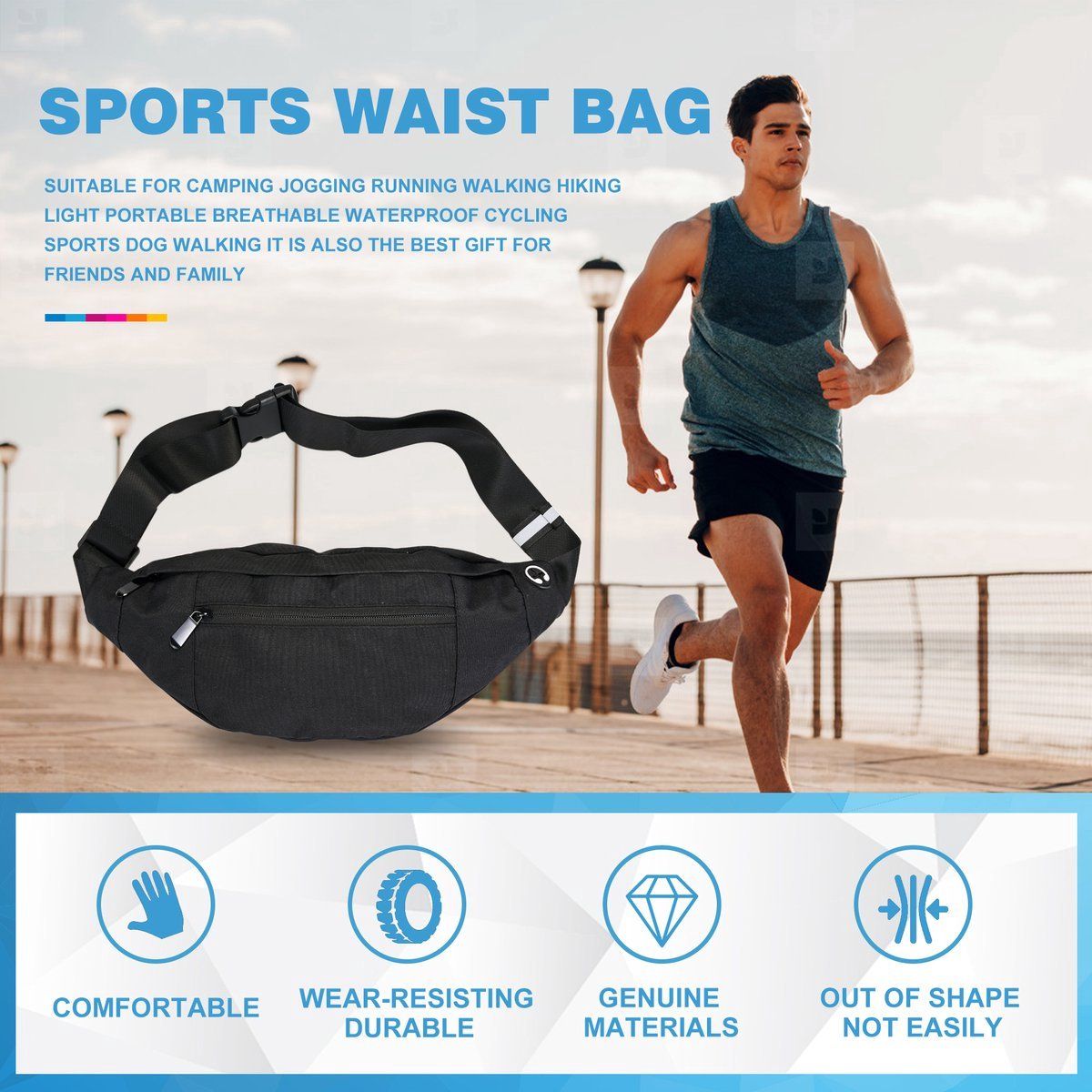 Outdoor Sport Waist Bag, Multifunctional Leisure Travel Crossbody Chest Bag, Waterproof Fitness Running Phone Storage Bag, Black