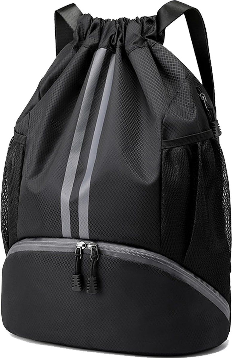 Waterproof drawstring, sports backpack with wet dry divider, String Swim Gym Bag with shoe compartment and moisture, black