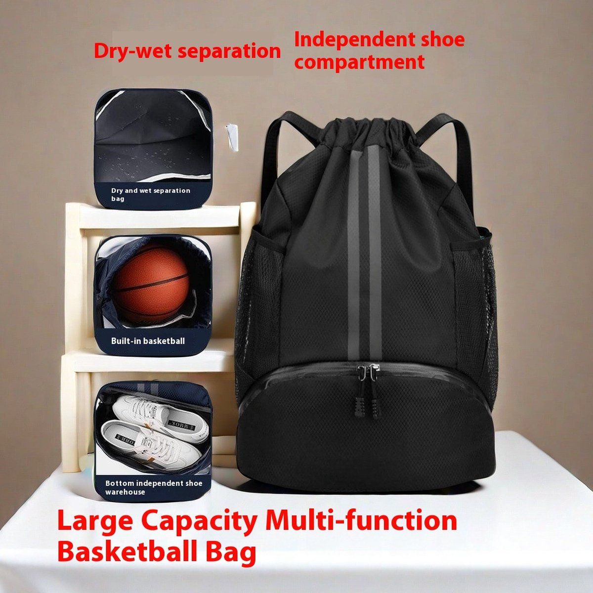 Waterproof drawstring, sports backpack with wet dry divider, String Swim Gym Bag with shoe compartment and moisture, black