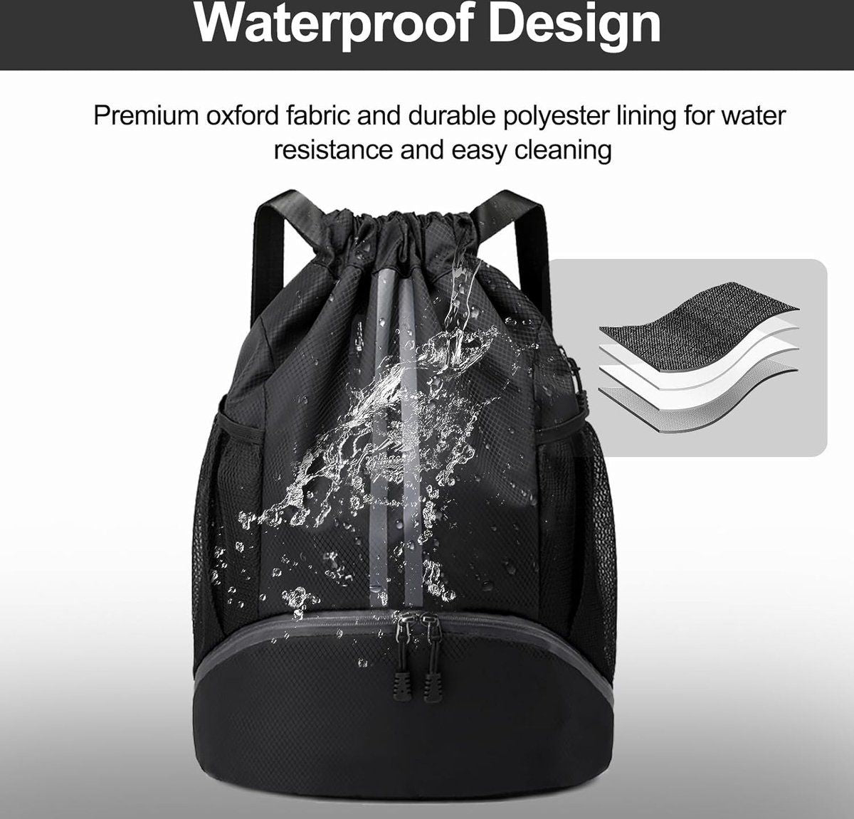 Waterproof drawstring, sports backpack with wet dry divider, String Swim Gym Bag with shoe compartment and moisture, black