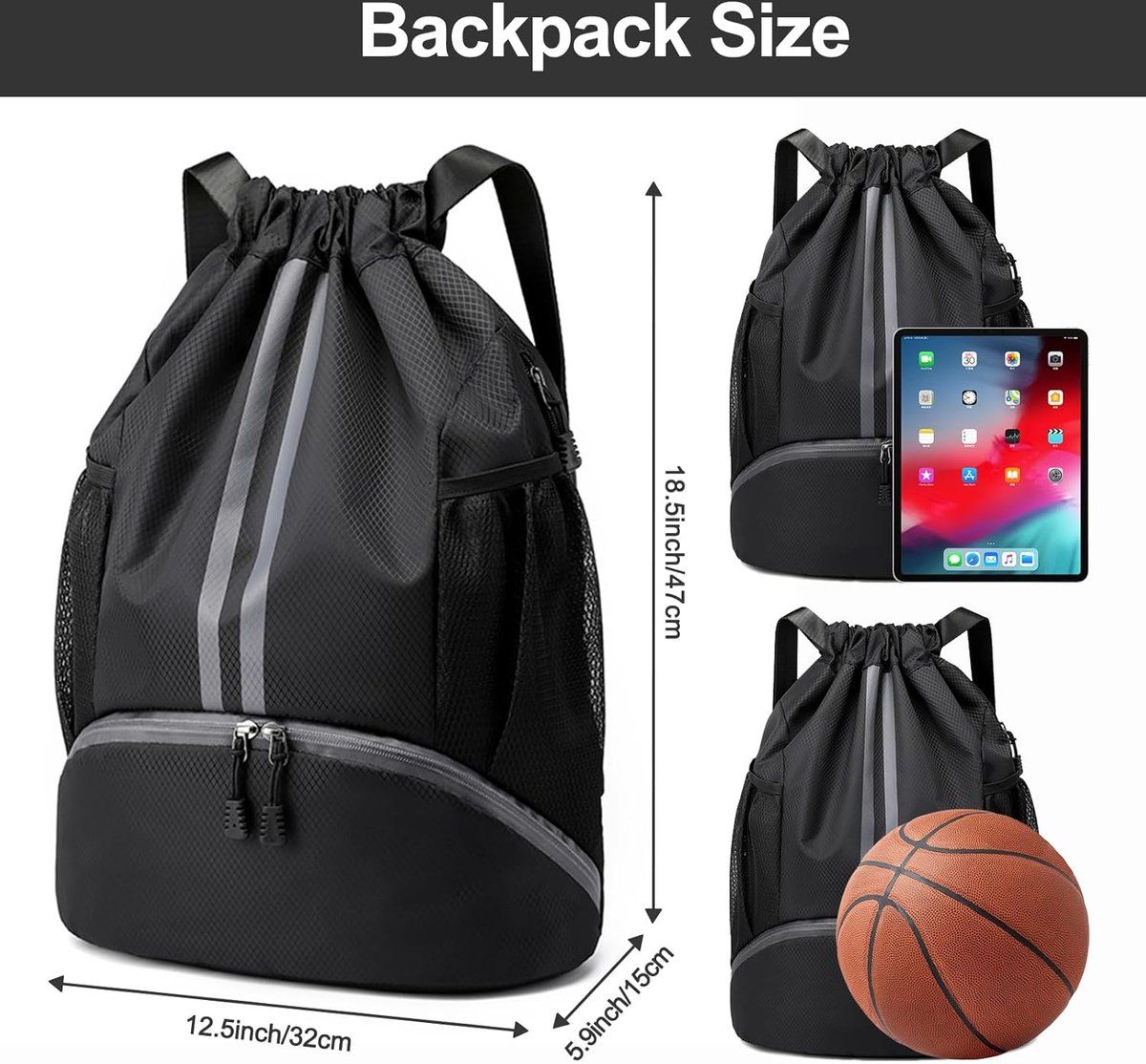 Waterproof drawstring, sports backpack with wet dry divider, String Swim Gym Bag with shoe compartment and moisture, black