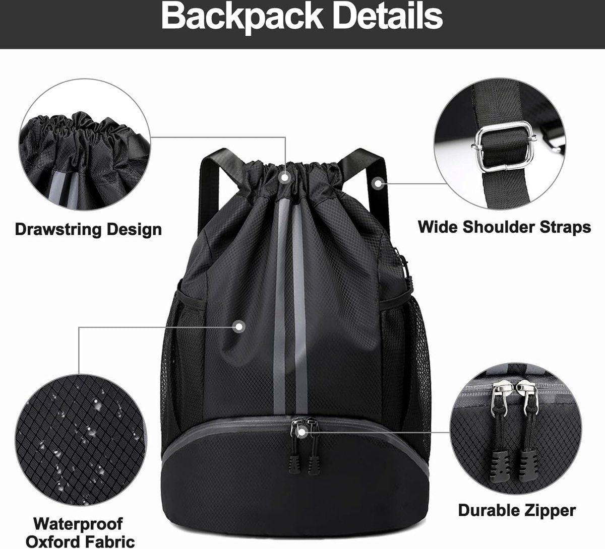 Waterproof drawstring, sports backpack with wet dry divider, String Swim Gym Bag with shoe compartment and moisture, black