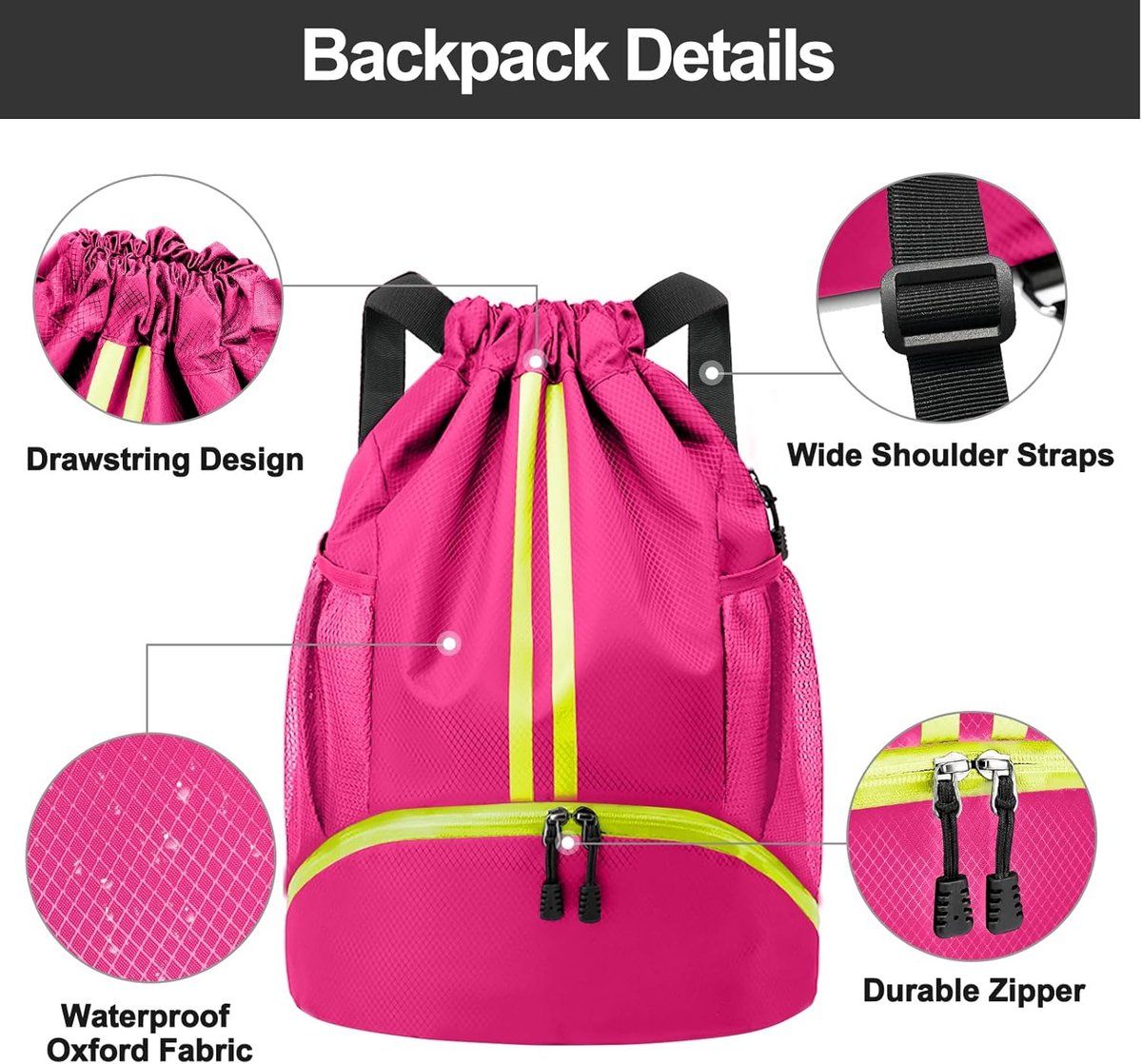 Sports Bag Backpack, Waterproof with inner and outer pockets, Sports bag with drawstring for football and basketball, Pinkish red