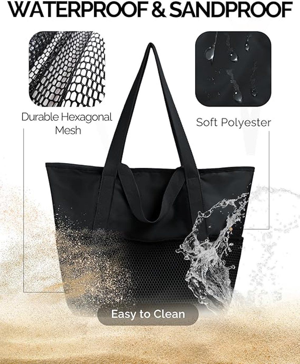 Women's Beach Bag, Beach Bag for the Whole Family, Waterproof Mesh Beach Bag, Fashionable and Versatile Bag for Beach, XXL Black