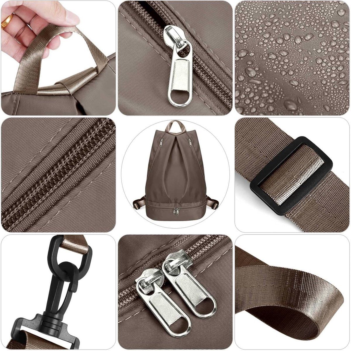 Gym Bag, Women's Sports Backpack, Waterproof Swim Bag, Wet Bag with Shoe Compartment, Separation of Wet and Dry Items, Portable Sports Bag, Khaki
