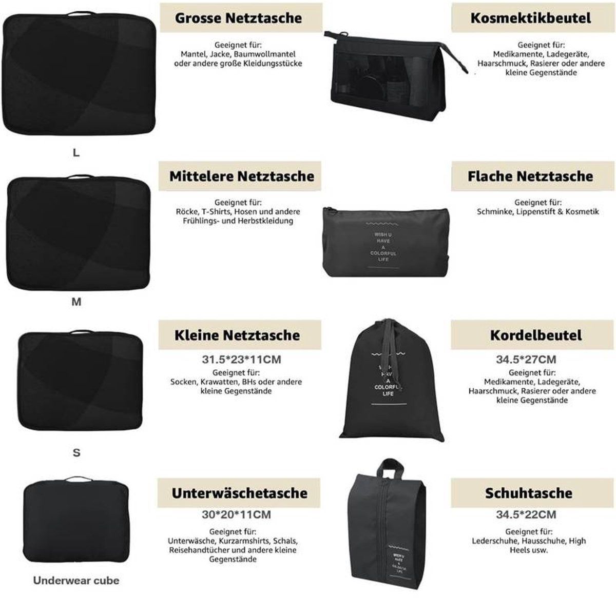 8 Pieces Travel Organizer Storage Bags, Packing Cubes Suitcase, Clothing Storage, Airtight Moisture, Proof, Black