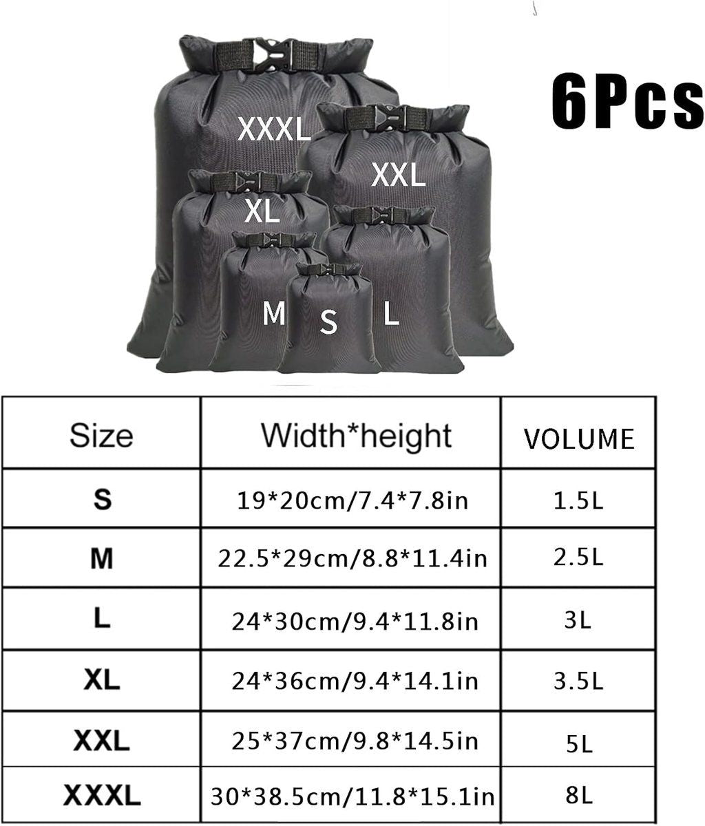 6 Pieces Waterproof Dry Bags, Large Capacity Snorkel and Swim Storage Bags for Rafting, Camping, Cycling and Travel, Black