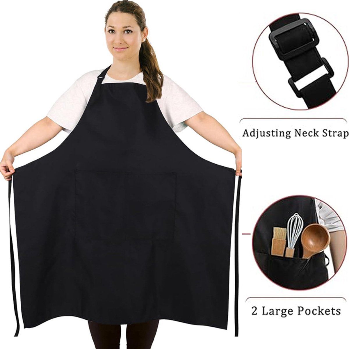 Plus Size Waterproof Apron with Two Pockets and Adjustable Neck Strap for Cooking, Grilling and Working, Black, 97 x 88 cm