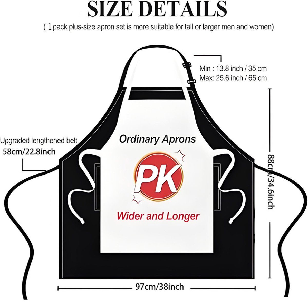 Plus Size Waterproof Apron with Two Pockets and Adjustable Neck Strap for Cooking, Grilling and Working, Black, 97 x 88 cm