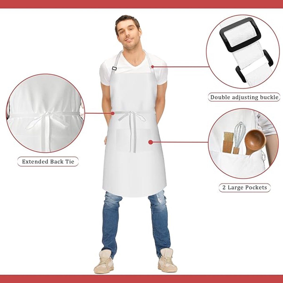 Plus Size Waterproof Apron with Two Pockets and Adjustable Neck Strap for Cooking, Grilling and Working, White, 97 x 88 cm