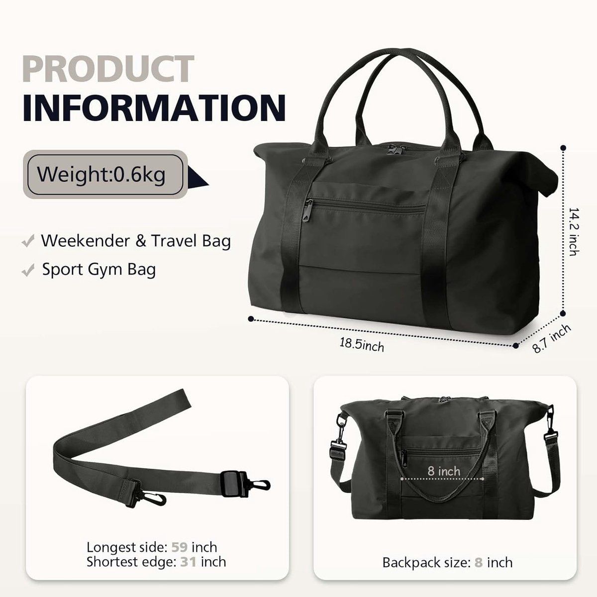 Small Sports Bag, Girl's Sports Bag, Waterproof Weekend Bag for Women, Men's Sports Bag, Overnight Bag with Shopping Bag, 55 x 18 x 27 cm
