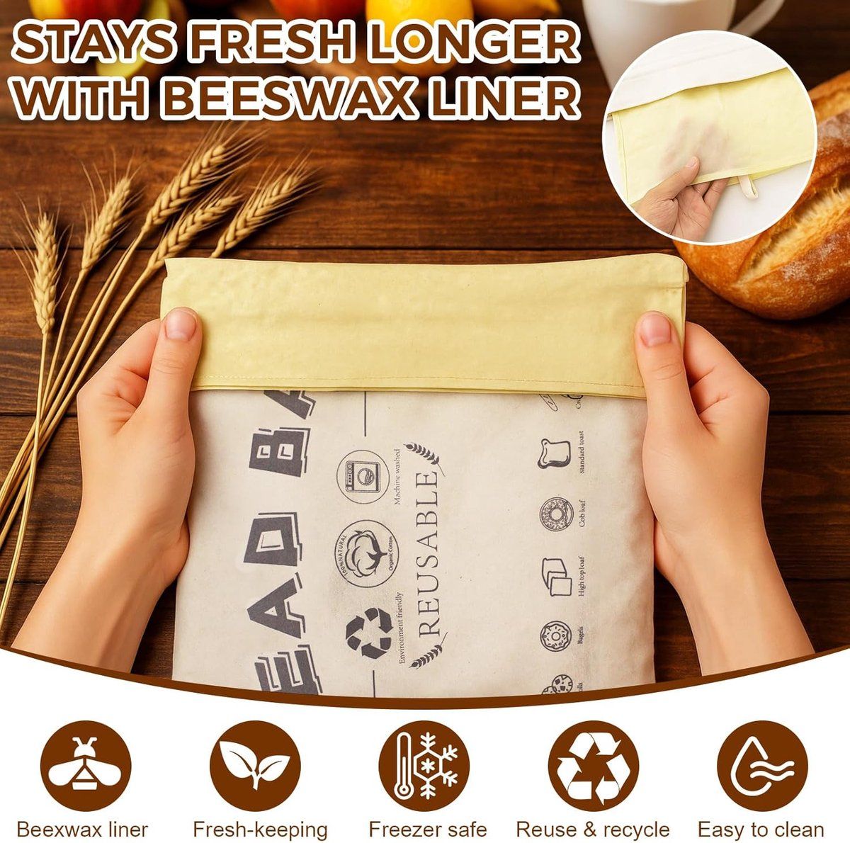 2 Pieces Beeswax Bread Bags, Cotton bread bags with beeswax, Natural materials, for home baking and camping, friendly food storage bags