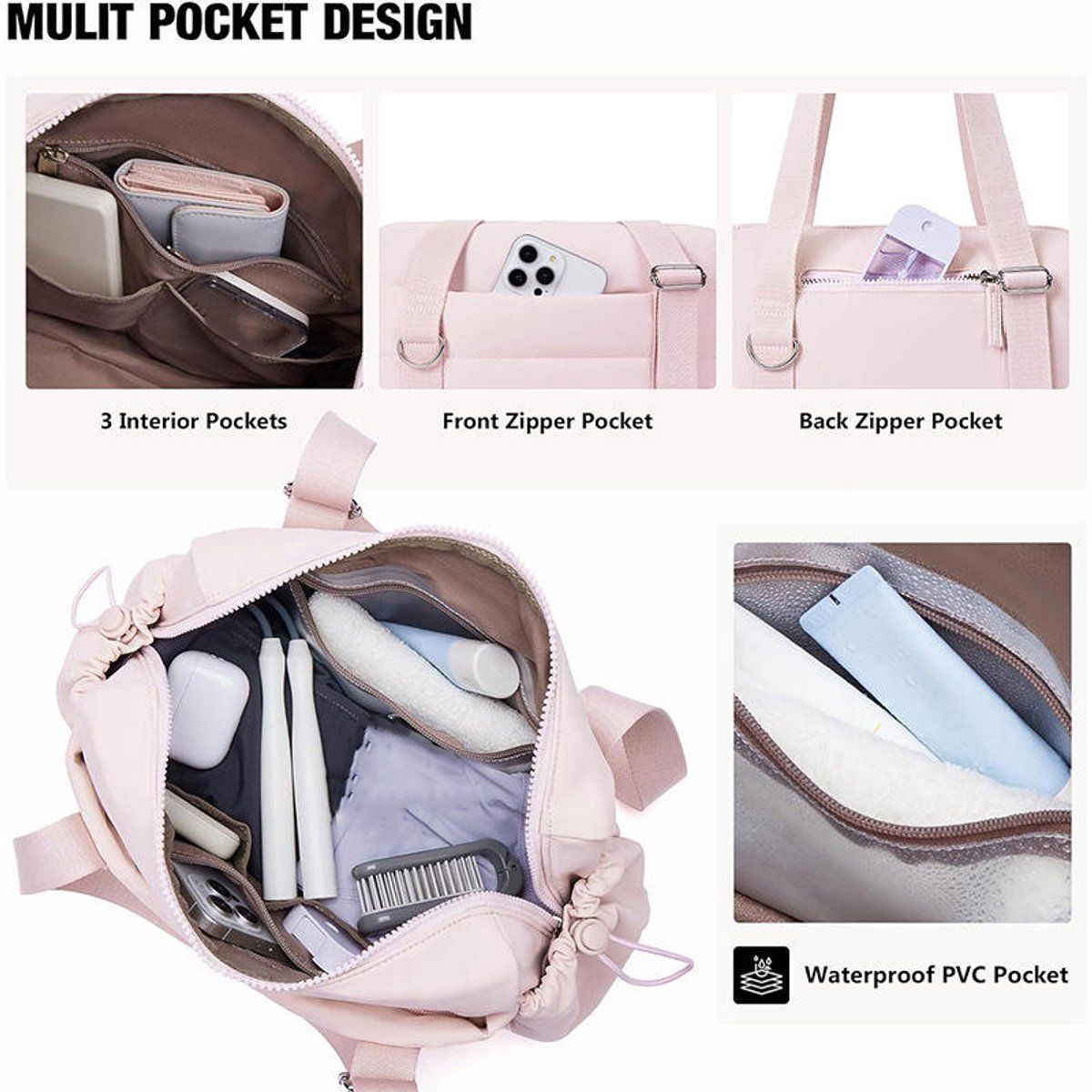 2 Pieces Womens Sports Bag Set with Detachable Pouch and Wet Dry Compartment, Compact Weekend Travel Bag, Pink, 29.7 x 10.7 x 20.3 cm