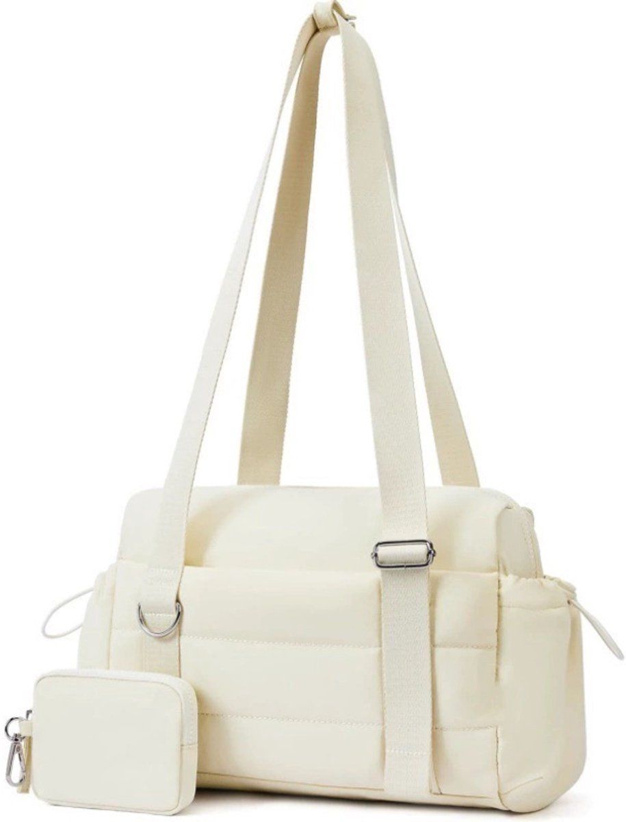 2 Pieces Womens Sports Bag Set with Detachable Pouch and Wet Dry Compartment, Compact Weekend Travel Bag, Off White, 29.7 x 10.7 x 20.3 cm