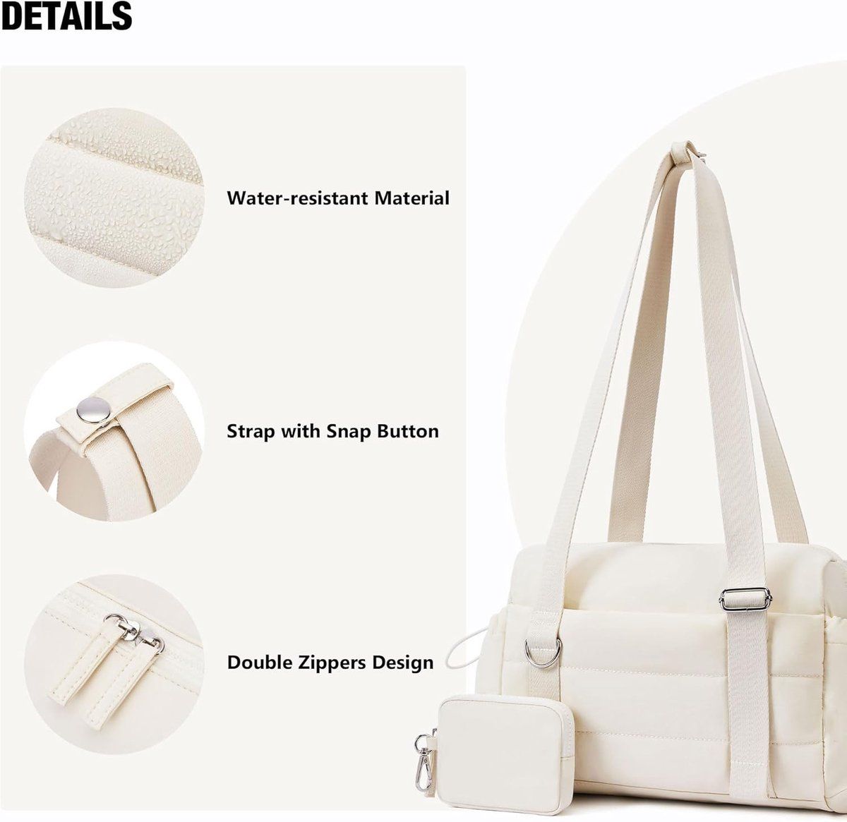 2 Pieces Womens Sports Bag Set with Detachable Pouch and Wet Dry Compartment, Compact Weekend Travel Bag, Off White, 29.7 x 10.7 x 20.3 cm