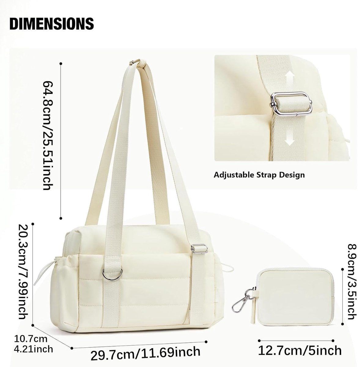 2 Pieces Womens Sports Bag Set with Detachable Pouch and Wet Dry Compartment, Compact Weekend Travel Bag, Off White, 29.7 x 10.7 x 20.3 cm