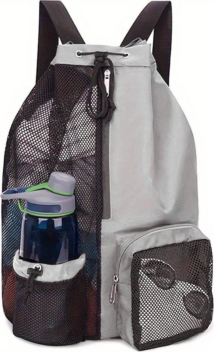 Drawstring Backpack, Mesh Backpack, Beach Bag Backpack, Large Capacity Backpack with Wet Bag, Travel Gym, Light Grey