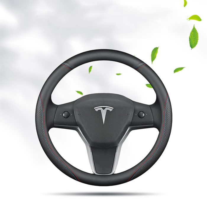 Fits Tesla model3/y/modelx/s steering wheel cover - Tesla special D-shape (two-color line) with logo - 36cm/1pc, Made of Fabric