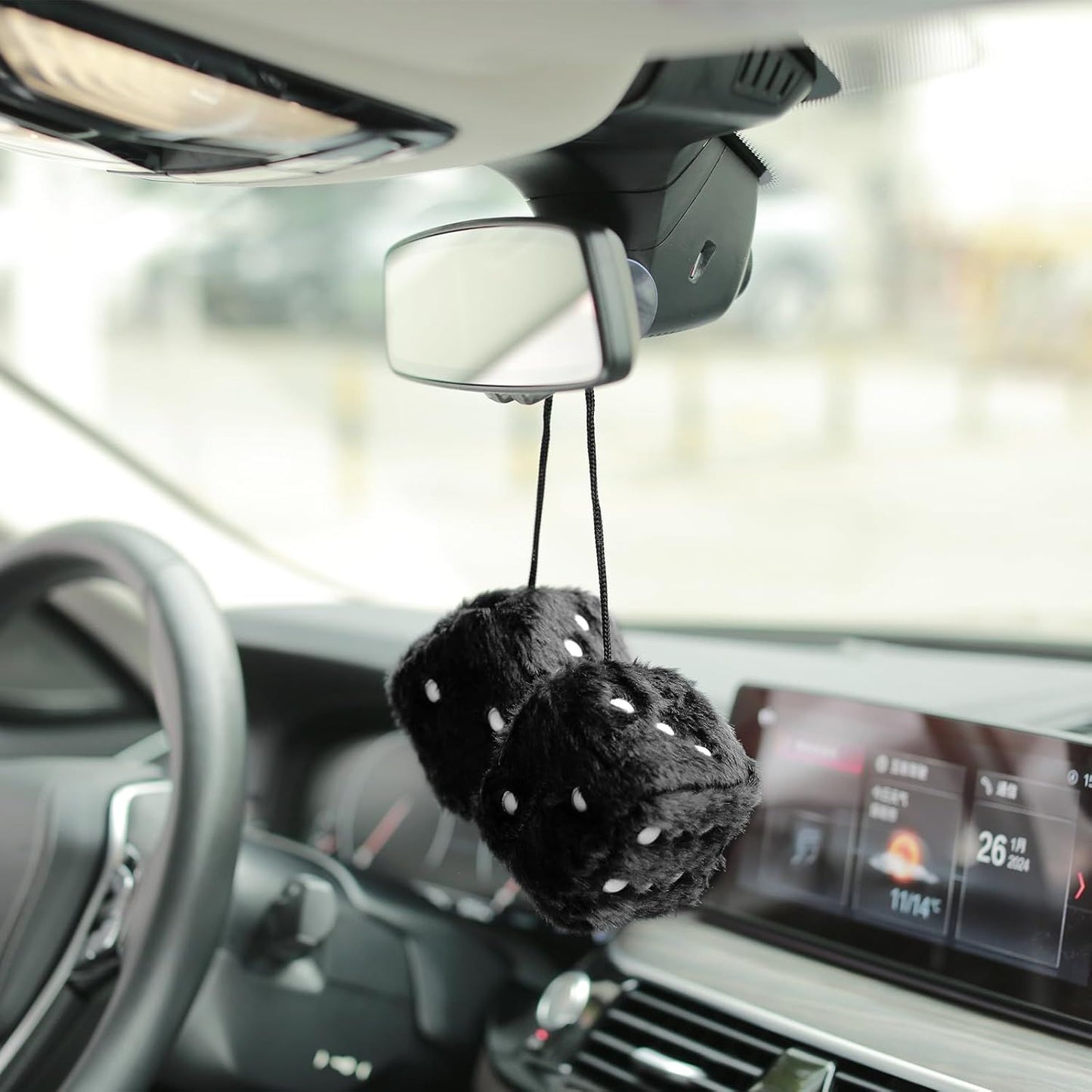 Replacement Pair of 2.75" Fuzzy Dice with Leather Dots Retro Car Rearview Mirror Hanging Accessories for Car Decoration (Black)_qcx, Made of Fabric
