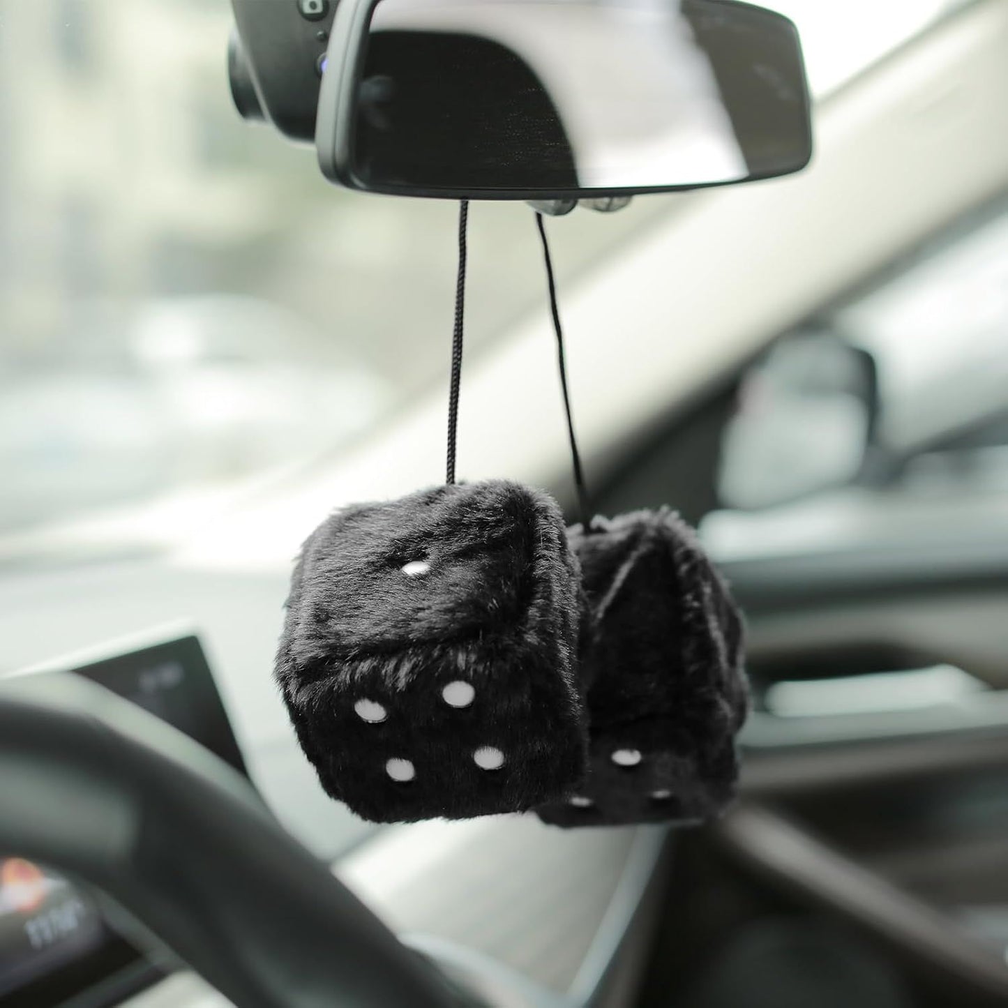 Replacement Pair of 2.75" Fuzzy Dice with Leather Dots Retro Car Rearview Mirror Hanging Accessories for Car Decoration (Black)_qcx, Made of Fabric