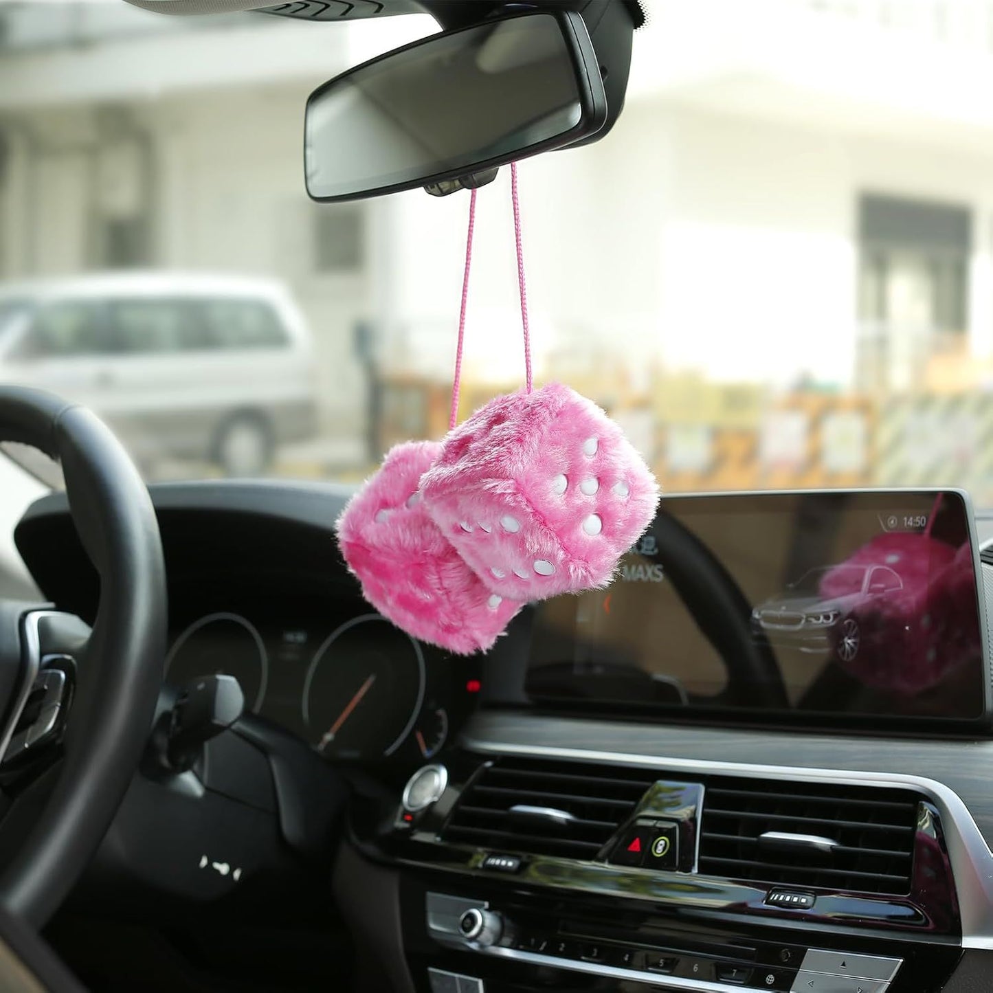 Compatible Pair of 2.75" Fuzzy Dice with Leather Dots Retro Car Rearview Mirror Hanging Accessories for Car Decoration (Pink)_qcx, Made of Fabric