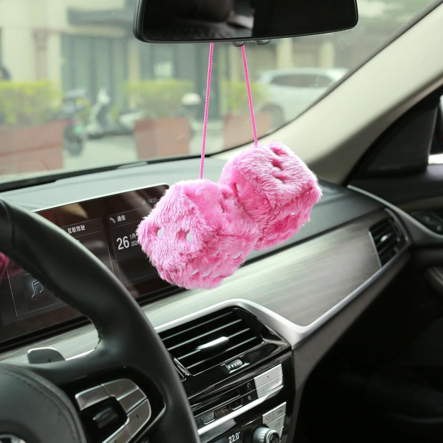 Compatible Pair of 2.75" Fuzzy Dice with Leather Dots Retro Car Rearview Mirror Hanging Accessories for Car Decoration (Pink)_qcx, Made of Fabric