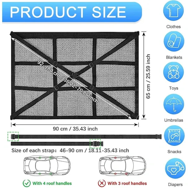 Replacement Car roof storage net 90cmx65cm Universal luggage bag for travel and organization Four armrests., Transparent Color