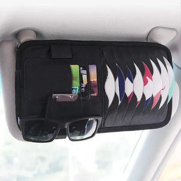 Car Sun Visor Organiser, CD/DVD Holder Storage Bag with Wallet Clip and Glasses Holder for Cards Documents and Small Items