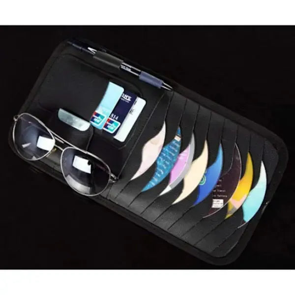 Car Sun Visor Organiser, CD/DVD Holder Storage Bag with Wallet Clip and Glasses Holder for Cards Documents and Small Items