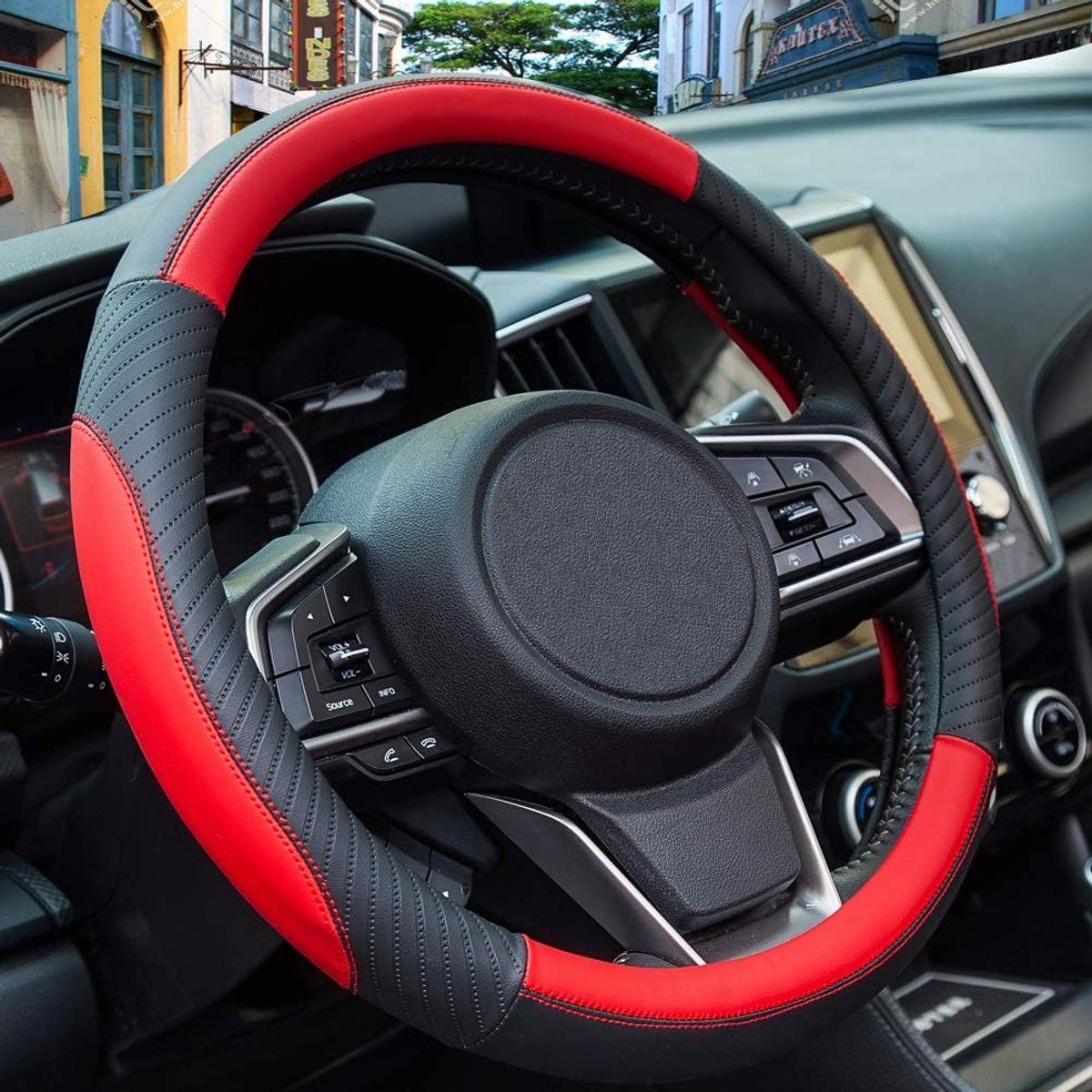 Car Steering Wheel Cover, Microfiber Leather Universal Steering Wheel Wrap with Soft Non-Slip Grip for Daily Driving, Universal Size 37-38 cm, Red