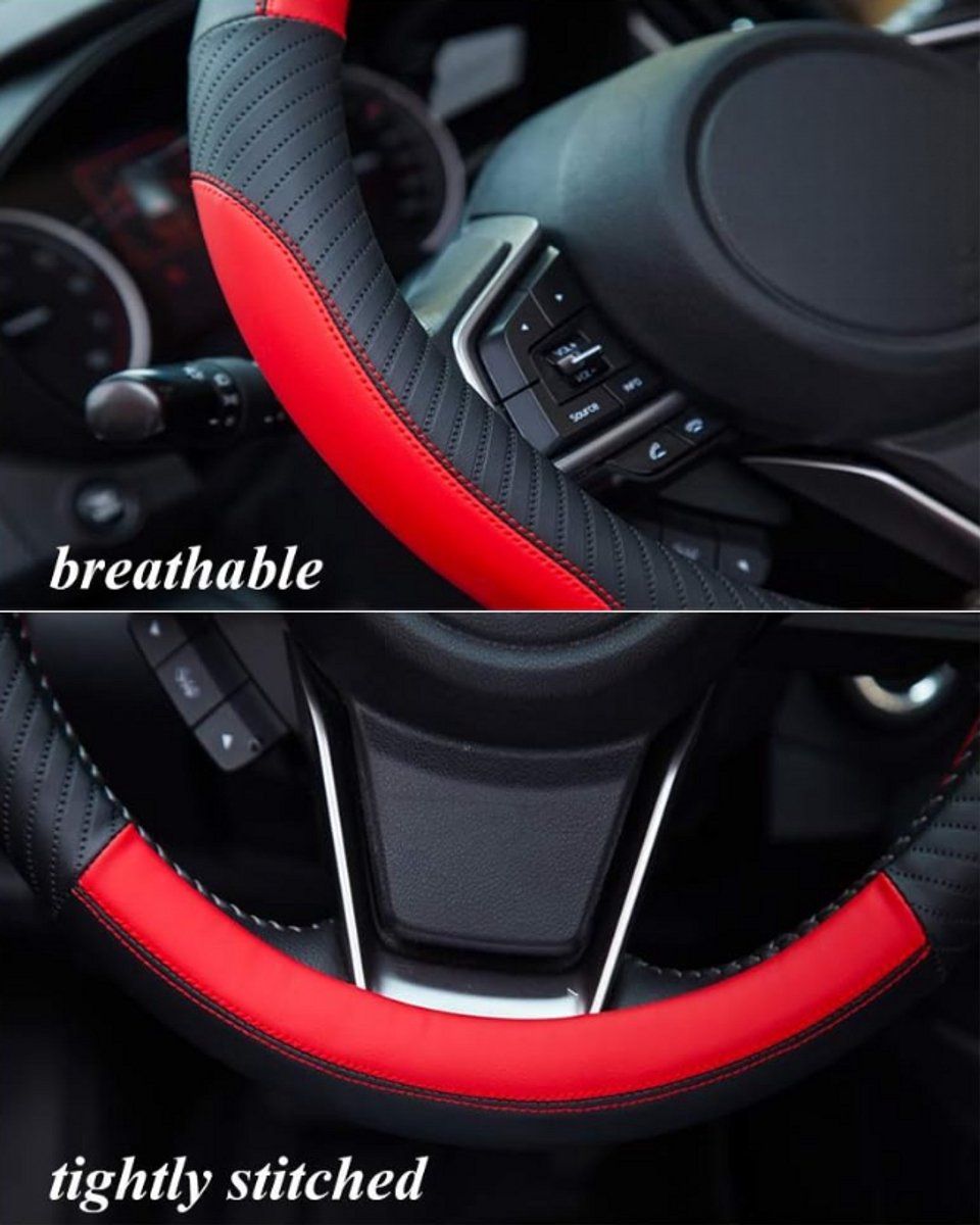 Car Steering Wheel Cover, Microfiber Leather Universal Steering Wheel Wrap with Soft Non-Slip Grip for Daily Driving, Universal Size 37-38 cm, Red