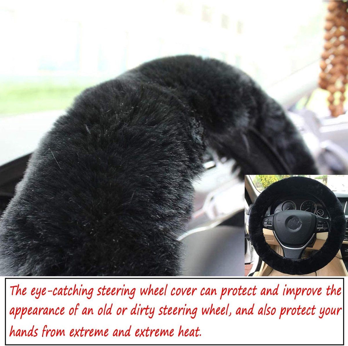 3 Pieces, Plush Steering Wheel Cover Set with Handbrake Cover and Gear Shift Cover for Winter Car Interior, 38 cm, Black