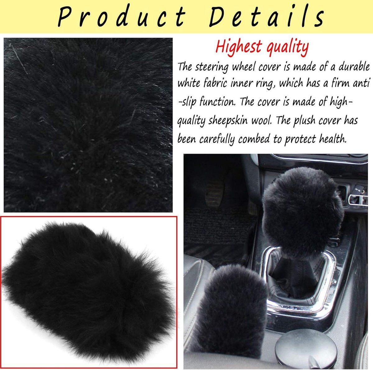 3 Pieces, Plush Steering Wheel Cover Set with Handbrake Cover and Gear Shift Cover for Winter Car Interior, 38 cm, Black
