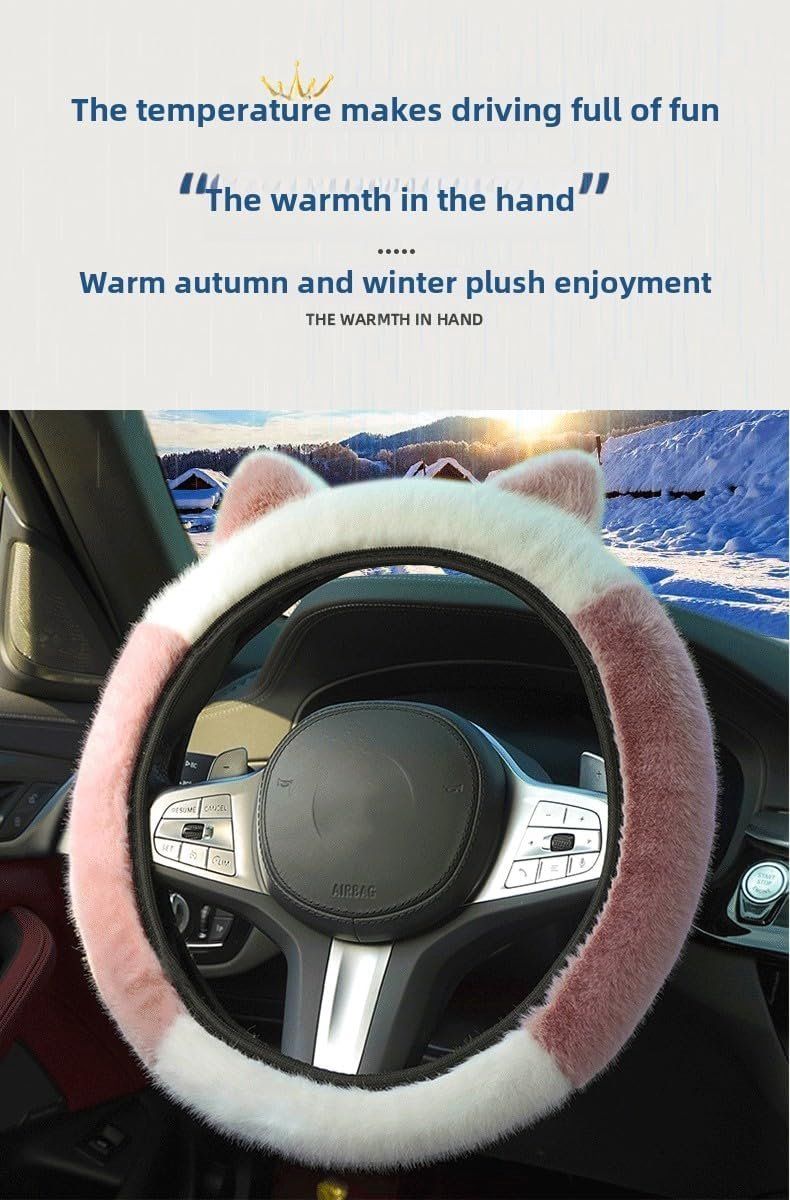 Winter Steering Wheel Cover, Plush Cat Ear Fleece Steering Wheel Warmer for Frost Protection and Soft Grip, 37-38 cm, White and Pink