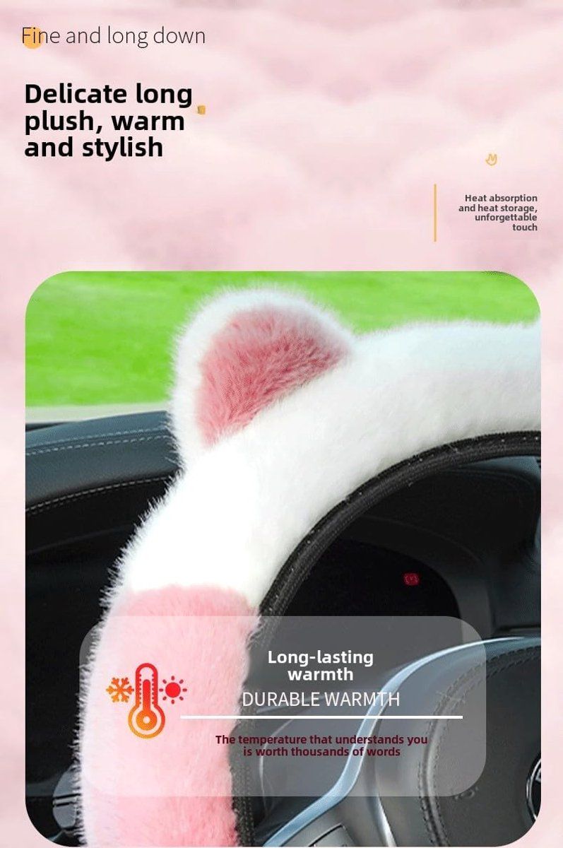Winter Steering Wheel Cover, Plush Cat Ear Fleece Steering Wheel Warmer for Frost Protection and Soft Grip, 37-38 cm, White and Pink