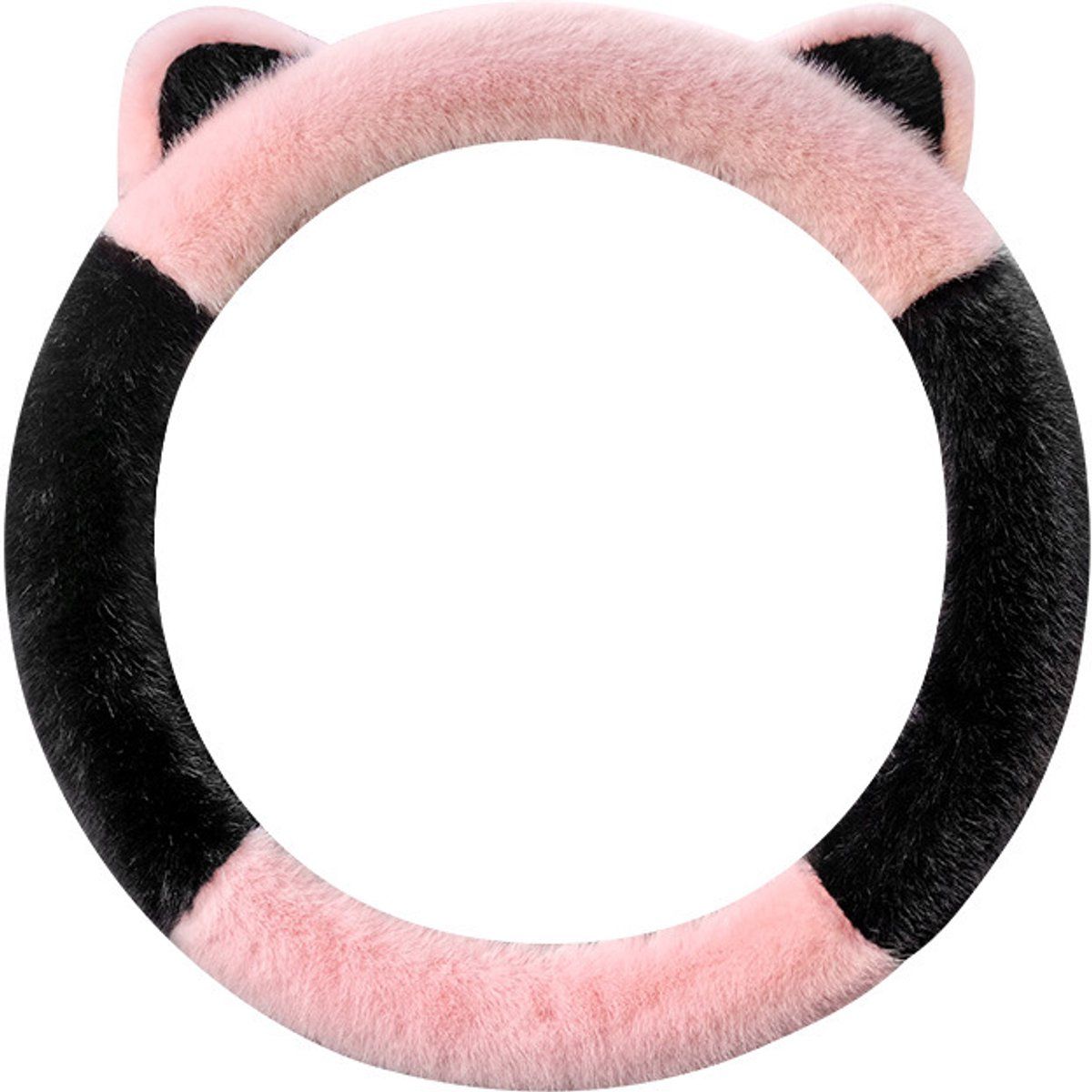 Winter Steering Wheel Cover, Plush Cat Ear Fleece Steering Wheel Warmer for Frost Protection and Soft Grip, 37-38 cm, Black and Pink