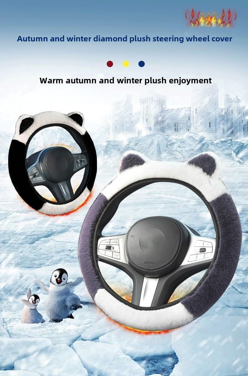 Winter Steering Wheel Cover, Plush Cat Ear Fleece Steering Wheel Warmer for Frost Protection and Soft Grip, 37-38 cm, Black and White