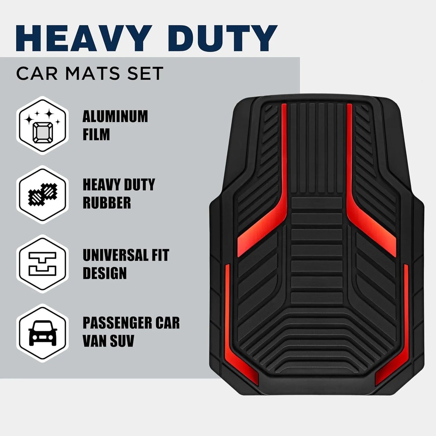 Heavy-Duty Rubber Floor Mats, Aluminum Film Car Mats Set, Front and Rear Car Mats with Anti-Slip Backing, All-Weather Protection, Red