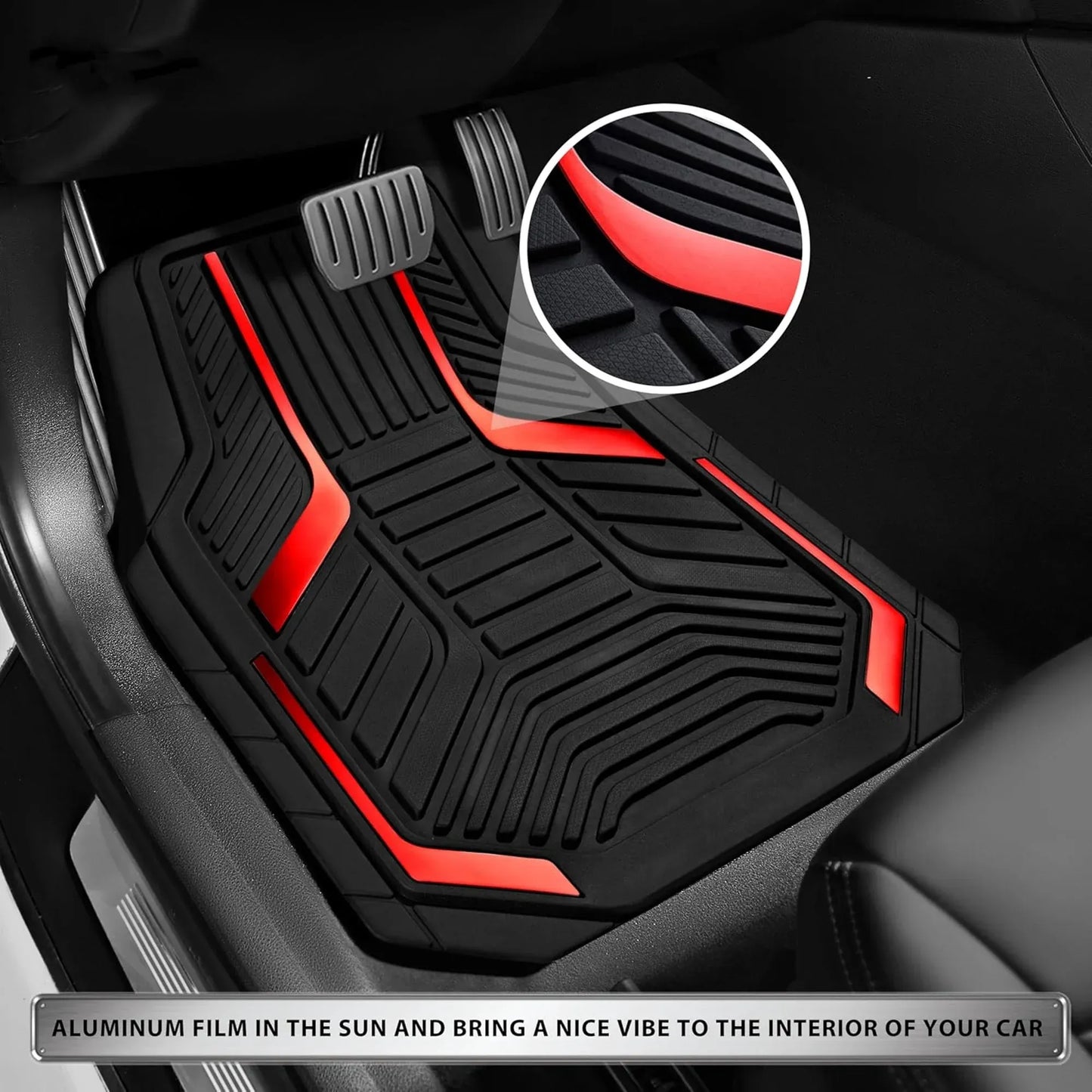 Heavy-Duty Rubber Floor Mats, Aluminum Film Car Mats Set, Front and Rear Car Mats with Anti-Slip Backing, All-Weather Protection, Red