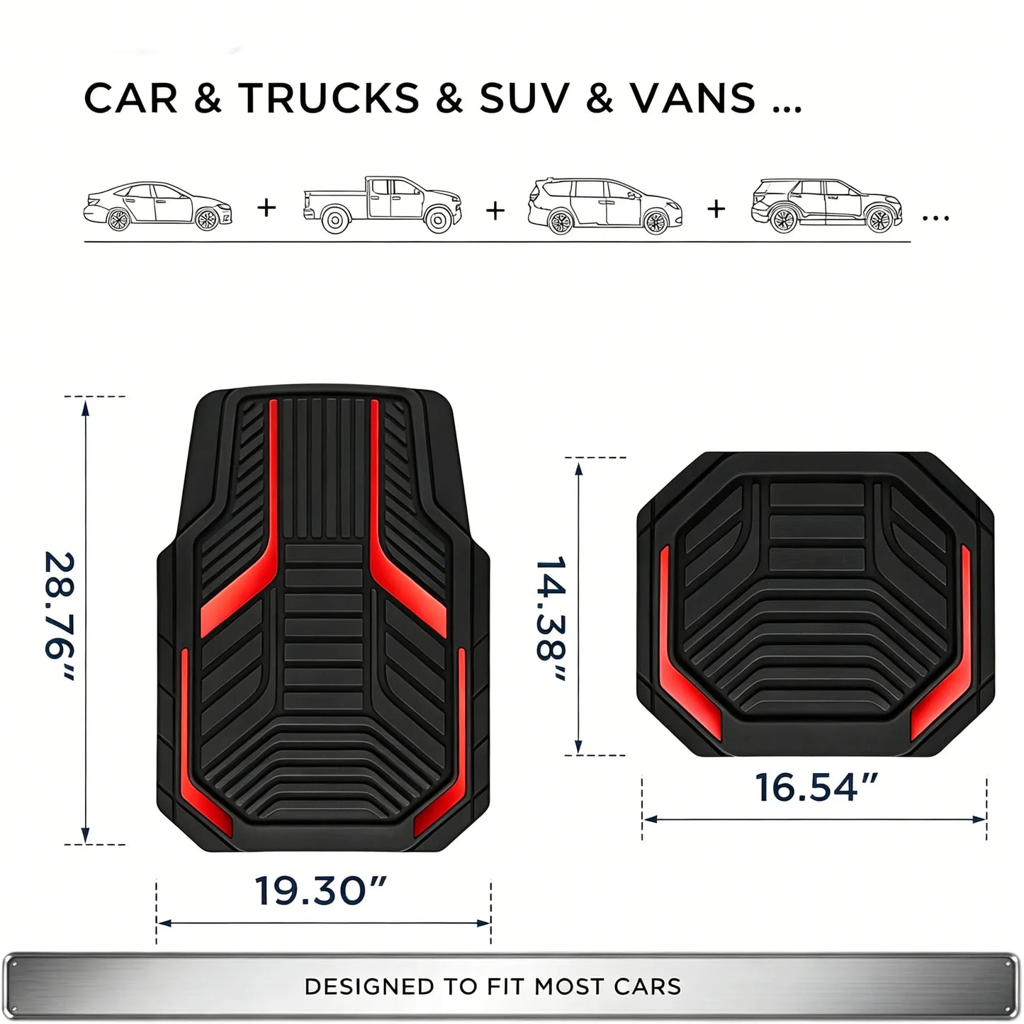 Heavy-Duty Rubber Floor Mats, Aluminum Film Car Mats Set, Front and Rear Car Mats with Anti-Slip Backing, All-Weather Protection, Red