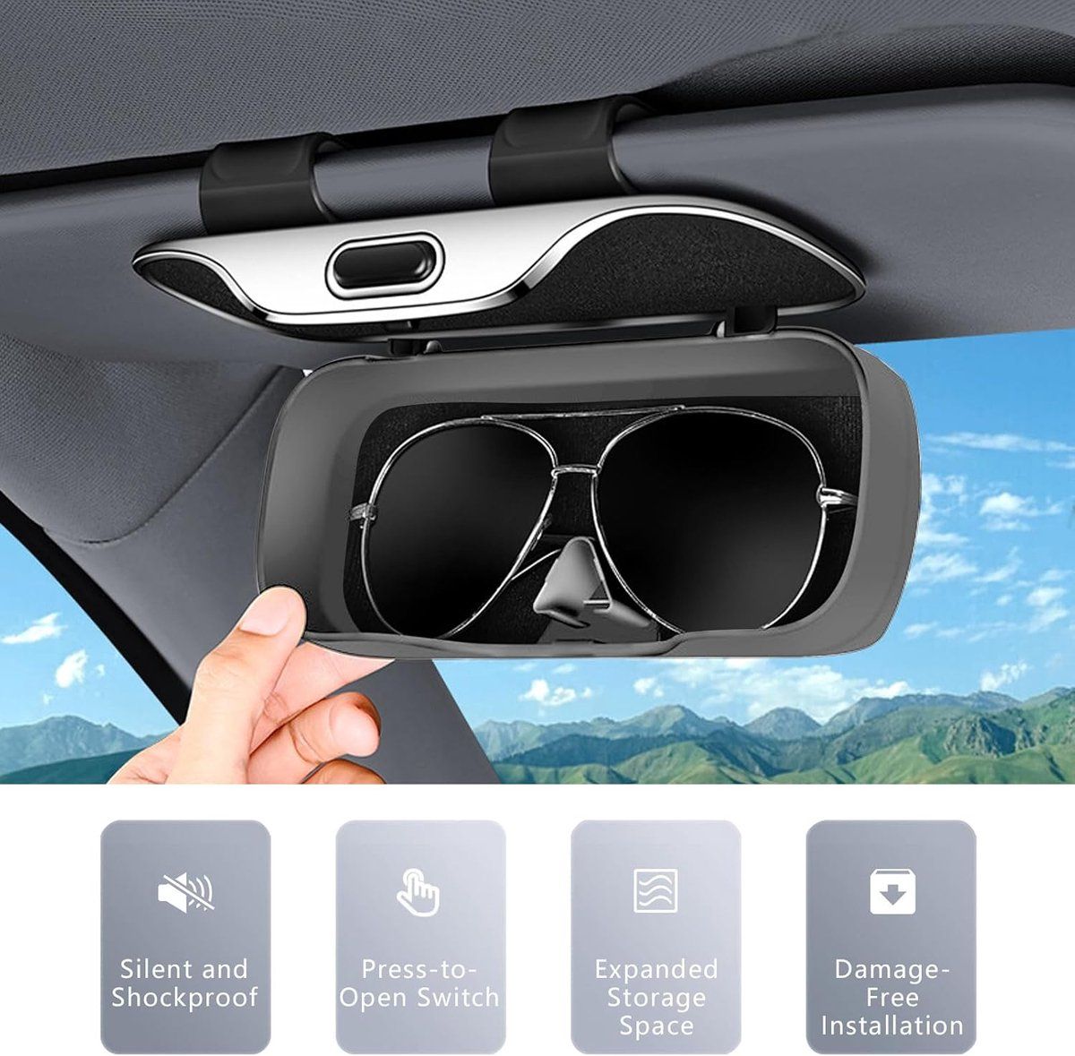 Car Sun Visor Sunglasses Holder, Soft Storage Case with Elastic Clip and Velvet Lining for Most Glasses, Black, 6.5 x 18.5 x 8.1 cm