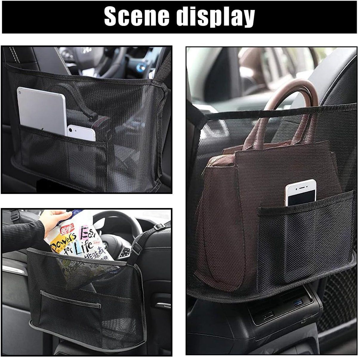 Car accessories, Car handbag holder, Mesh pocket for wallet between the front seats, car storage organizer, universal accessory, black