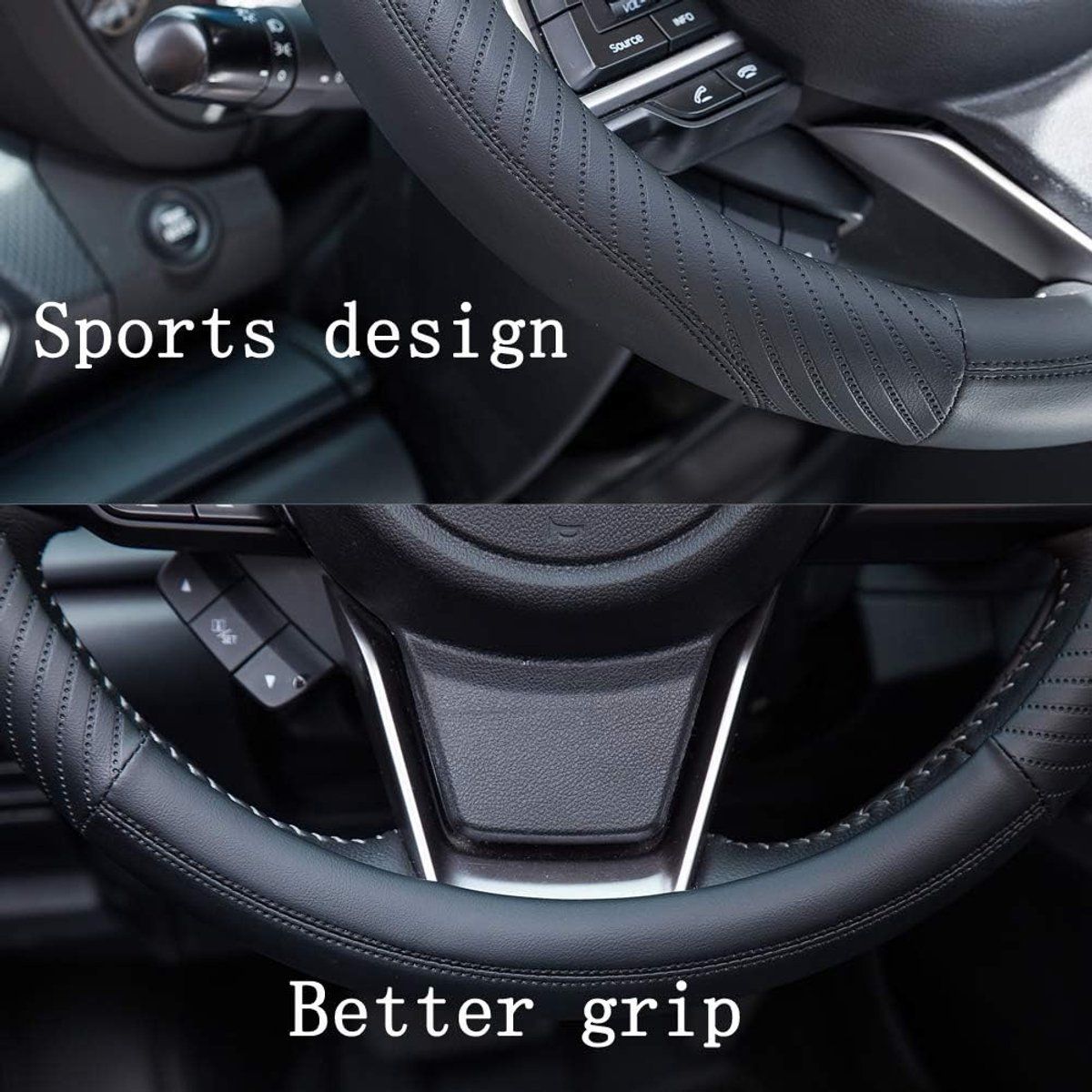 Steering Wheel cover, Leather steering wheel cover for the car steering wheel 37 to 38 cm, anti, slip, universal, black