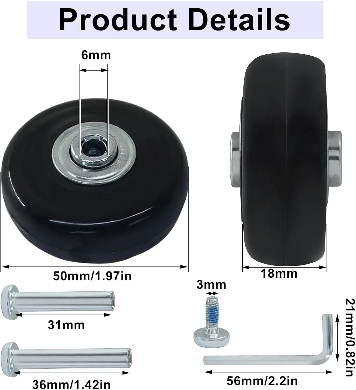 Luggage Replacement Wheels, Rubber Suitcase Repair Caster Kit with Ball Bearings for Travel Luggage, Heavy Duty, 50 x 18 mm, 4 Pack