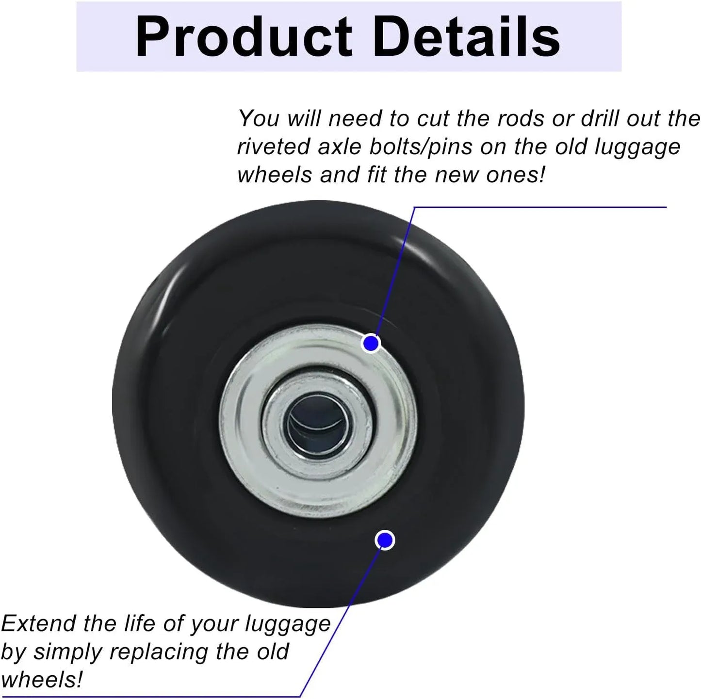 Luggage Replacement Wheels, Rubber Suitcase Repair Caster Kit with Ball Bearings for Travel Luggage, Heavy Duty, 50 x 18 mm, 4 Pack