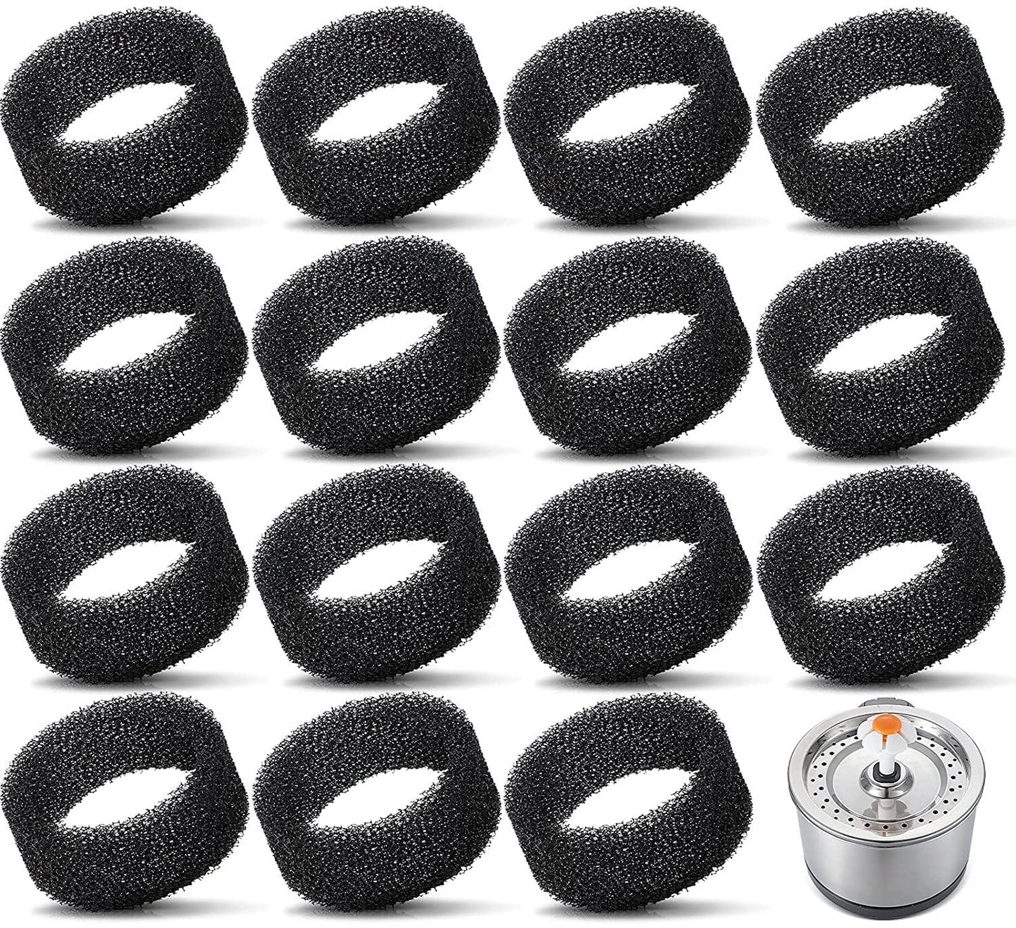 Pet Fountain Foam Filters, 16 Pack Round Sponge Replacement Filters for 2.5L 84 oz Stainless Steel Cat Fountain, Black