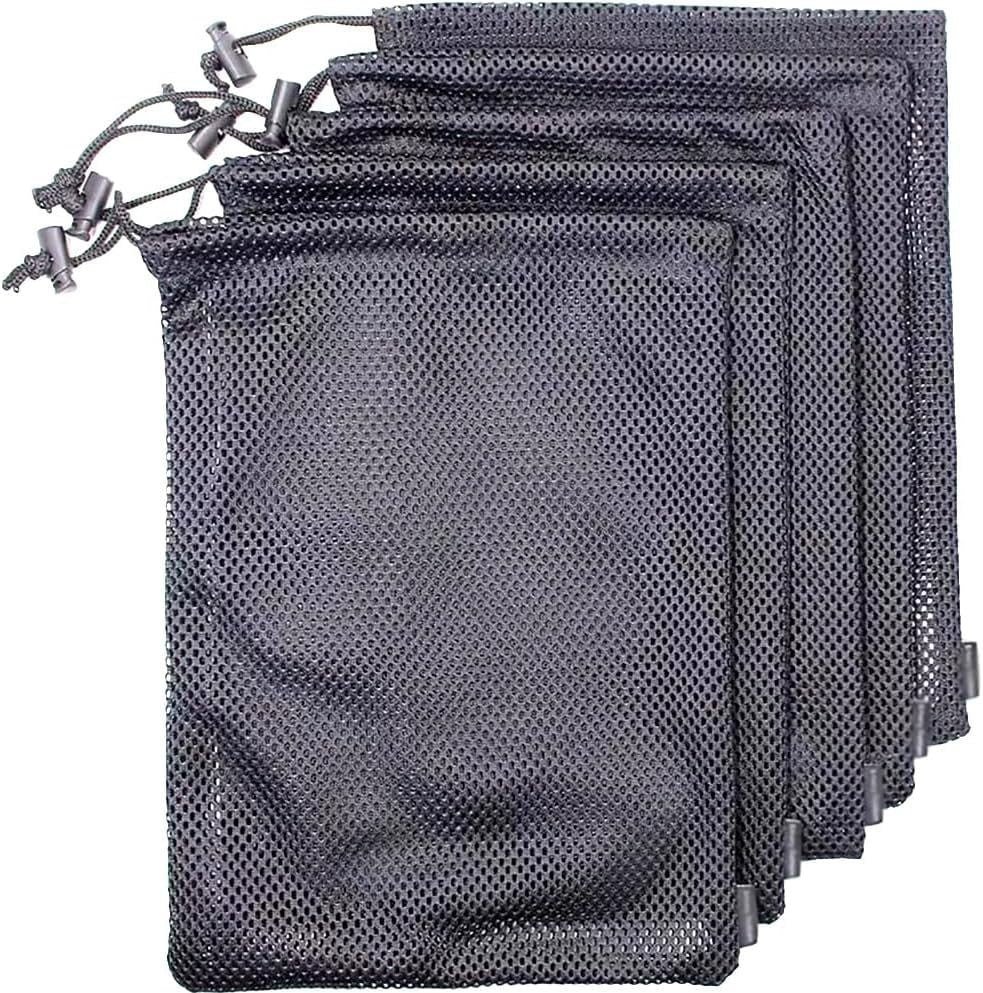 5 Pcs Mesh Drawstring Storage Bags Nylon Stuff Sacks with Cord Lock for Travel Gym Organization Black, Daily Comfort Use