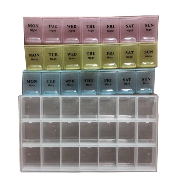 Light and Convenient 21-Compartment Dosett Medicine Box Weekly Pill Organizer, Multicolor, PP Material, 22 x 12 x 2.7 cm