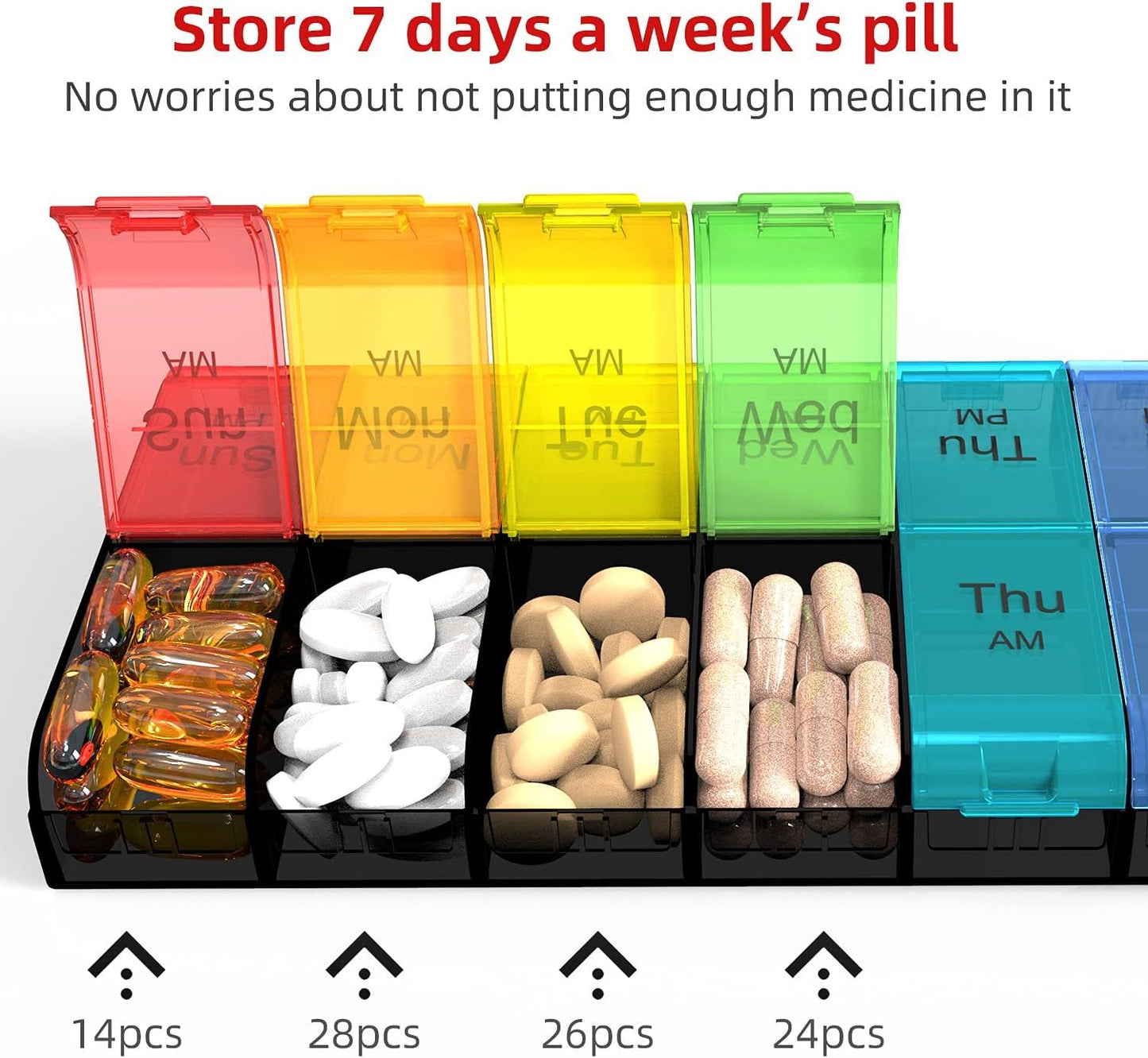Extra Large 7-Day Pill Organizer 2 Times a Day, Weekly XL AM PM Pill Box with Large Compartments, Rainbow, 14 Compartments